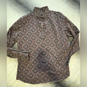 (B1) Express Men’s Medallion Print Long Sleeve Slim Shirt Burgundy Navy Blue  L